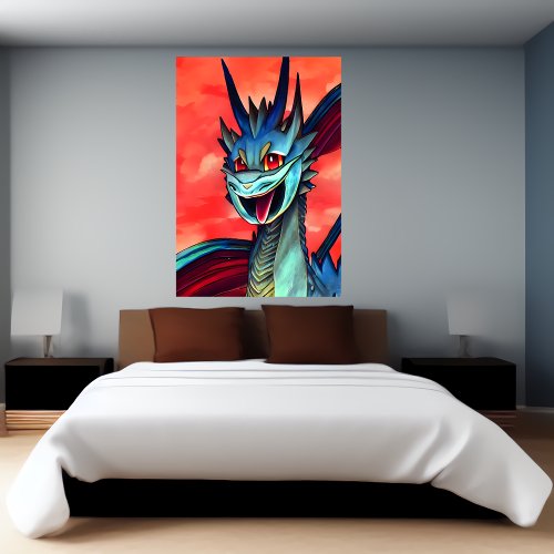Blue anime dragon  AI Art Poster