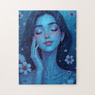 Blue Anime Meditation Floral Woman Jigsaw Puzzle