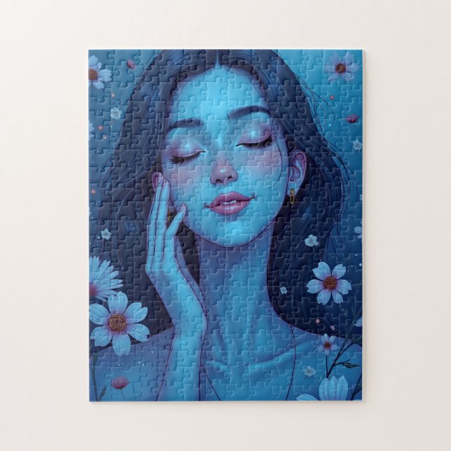 Blue Anime Meditation Floral Woman  Jigsaw Puzzle (Vertical)