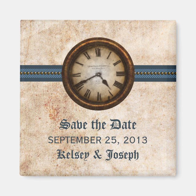 Blue Antique Clock Save the Date Magnet (Front)