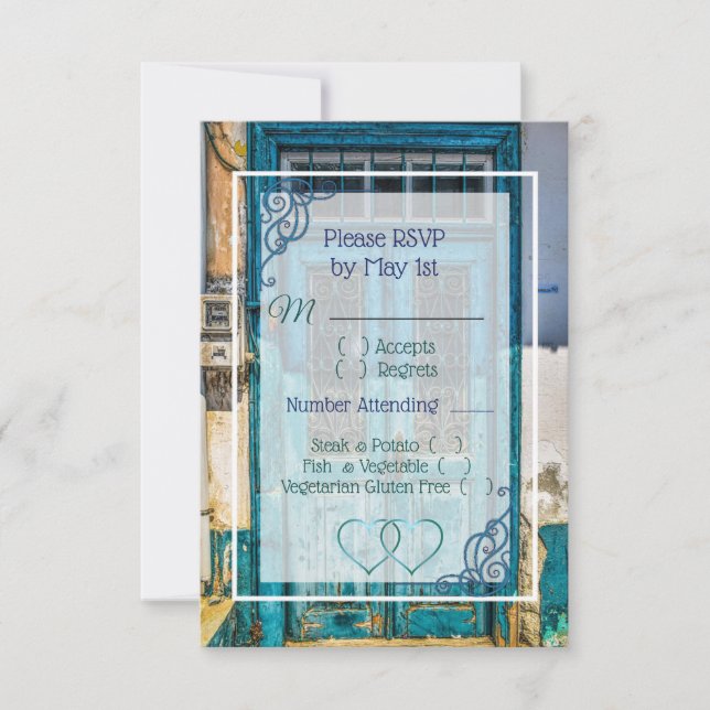 Blue Antique Door Wedding RSVP card (Front)