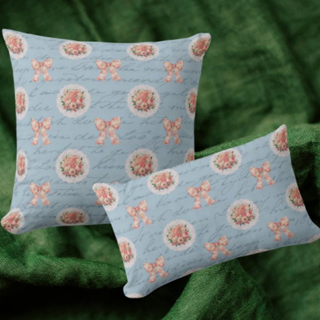 Blue Antique Lettering Toile Bows Pink Roses Throw Pillow (Available in 3 sizes)