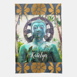 Blue antique tropical buddha photo custom name kitchen towel