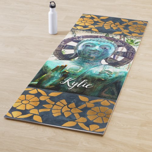 Blue antique tropical buddha photo custom name yoga mat