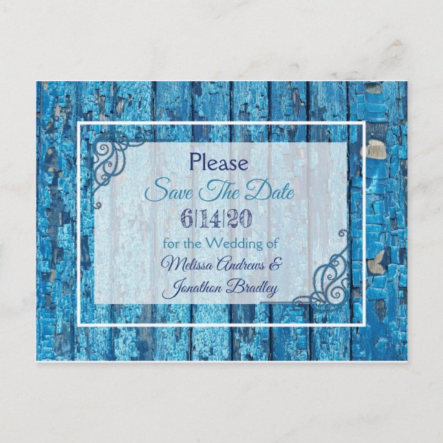 Blue Antique Weathered Wood  Wedding Save the Date Announcement Postcard (Front)