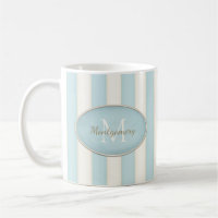 Blue & Antique White Stripes Oval Framed Monogram