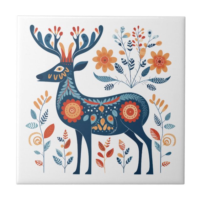 Blue Antler Deer Scandinavian Folk Art Ceramic Tile (Front)