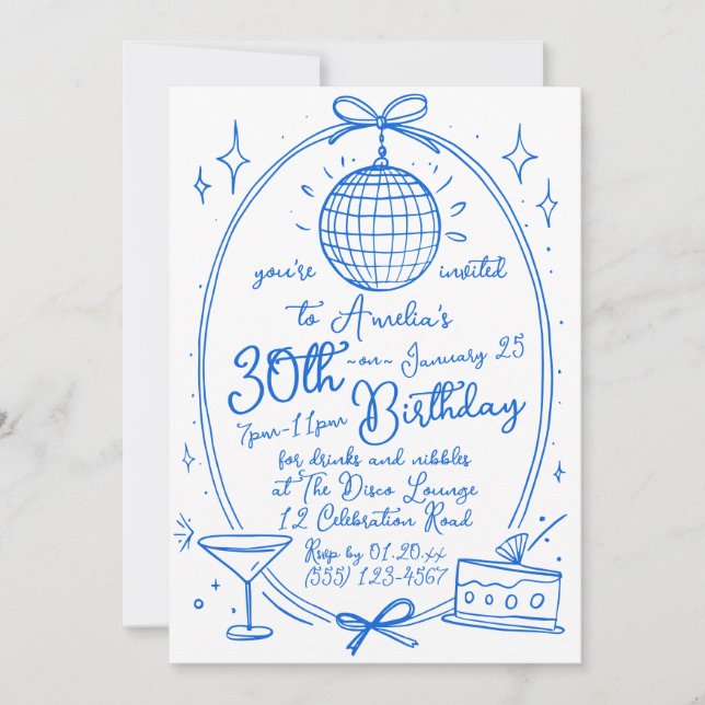 Blue Any Age 30th Birthday Disco Hand Drawn Invitation (Front)
