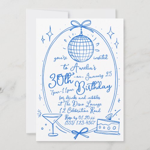 Blue Any Age 30th Birthday Disco Hand Drawn Invitation