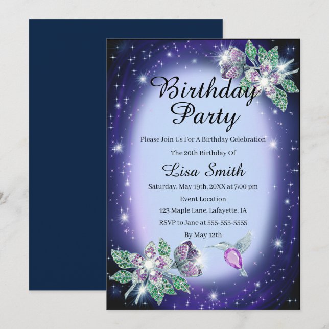 Blue Any Age Bling Floral Bird Birthday Invitation (Front/Back)