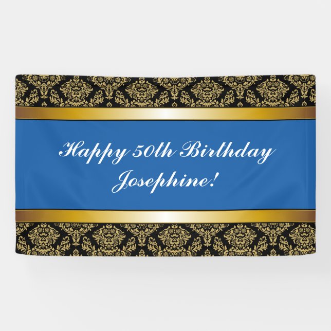 Blue Any Age Gold Damask Birthday Banner (Horizontal)