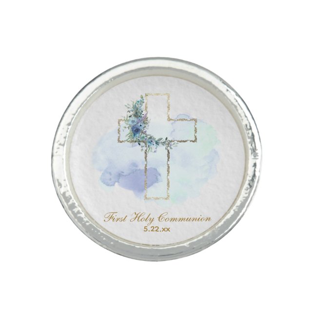 *~* Blue AP35 Communion Christian Confirmation Rin Ring (Front)