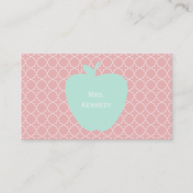 Blue Apple Coral Quatrefoil Teacher Business Card (Front)