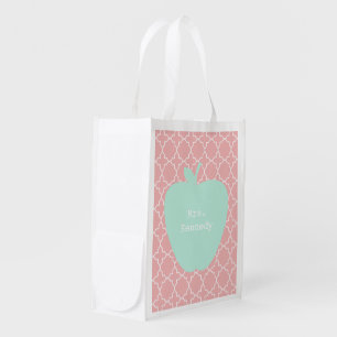 Blue Apple Coral Quatrefoil Teacher Grocery Bag