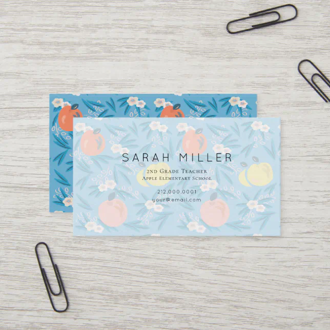 Blue Apple Floral Pattern Teacher Business Card | Zazzle