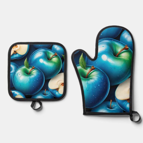 Blue Apple Oven Mitt  Pot Holder Set