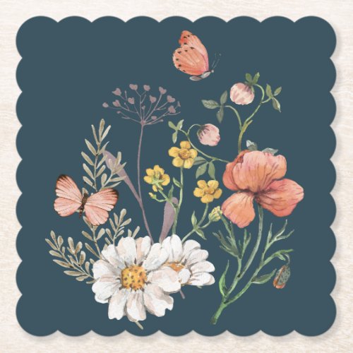 Blue Apricot Peach Pink Wildflower Square Paper Coaster