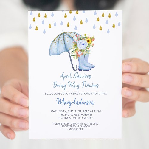 Blue April Showers Bring May Flowers Baby Shower  Invitation