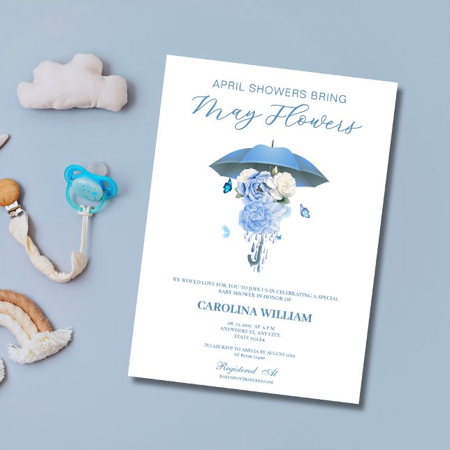 Blue April Showers Bring May Flowers Baby Shower Invitation (Creator Uploaded)