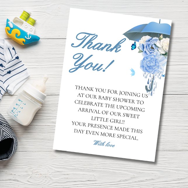 Blue april showers bring may flowers baby shower thank you card (Creator Uploaded)