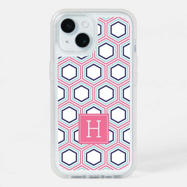Blue Aqua and Pink Honeycomb Pattern Monogrammed iPhone 15 Case (Back (Blue))