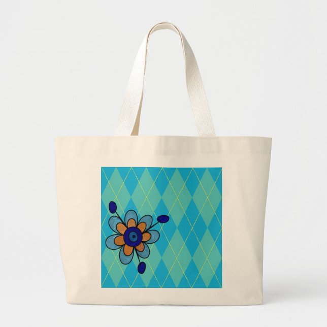 Blue & Aqua Argyle & Flower Large Tote Bag (Front)