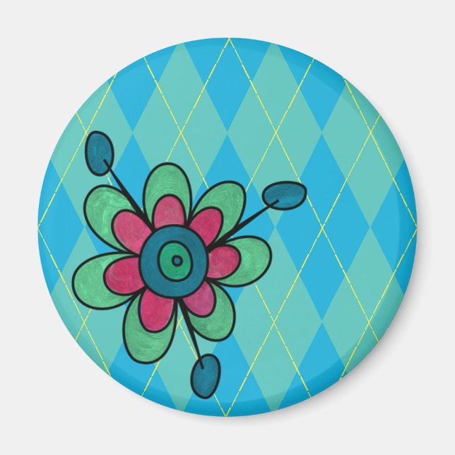 Blue & Aqua Argyle & Flower Magnet (Front)
