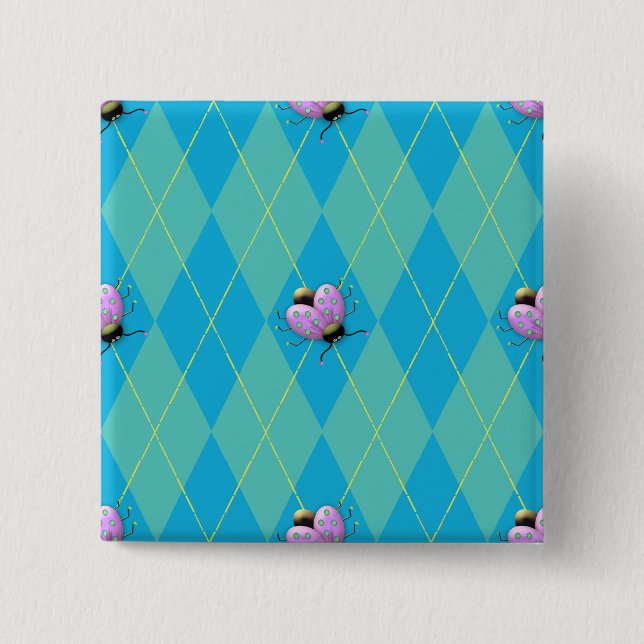 Blue & Aqua Argyle Ladybug Pinback Button (Front)