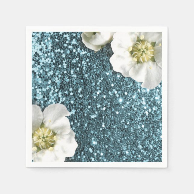 Blue Aqua Beach Blue Jasmine Glitter Sequin Paper Napkins (Front)