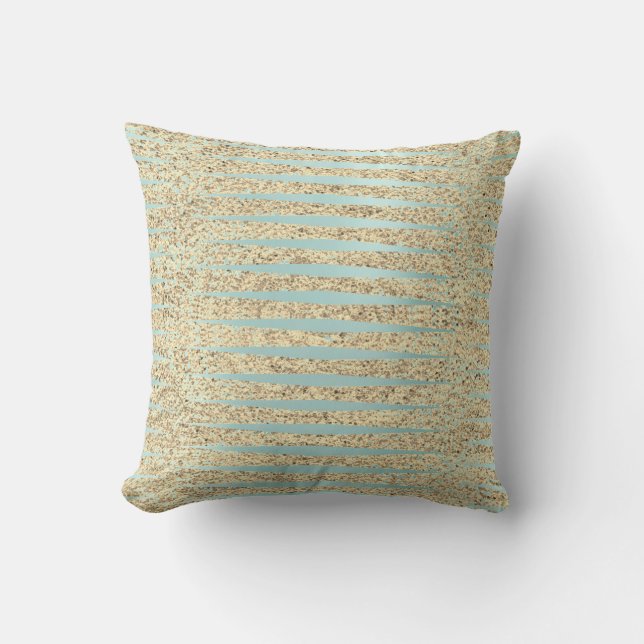 Blue Aqua Blue Foxier  Gold Glitter Stripes Throw Pillow (Front)
