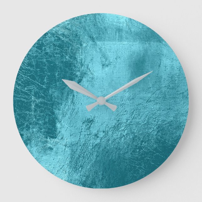 Blue Aqua Blue Metallic Glass Gray Minimal Large Clock (Front)