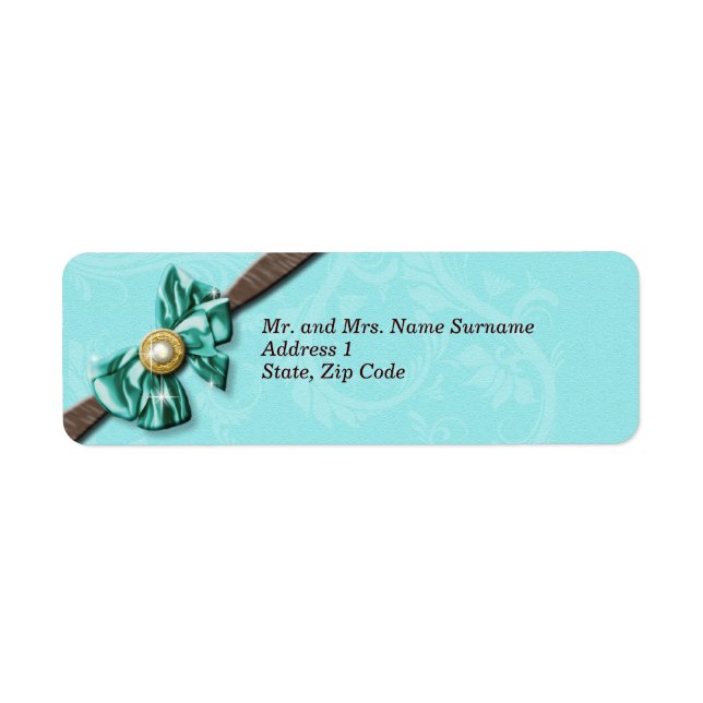 Blue aqua brown gem bow floral label (Front)
