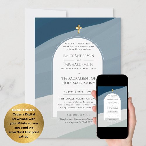 Blue Aqua  Catholic Nuptial Mass Photo Wedding Invitation