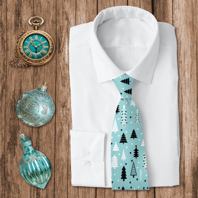 Blue Aqua Christmas Tree Forest Pattern Neck Tie (Creator Uploaded)