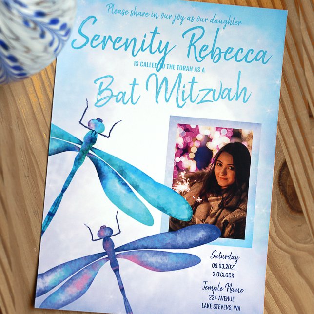 Blue, Aqua Dragonfly Bat Mitzvah Invitation (Turquoise and blue whimsical dragonflies bat mitzvah invitation with photo)