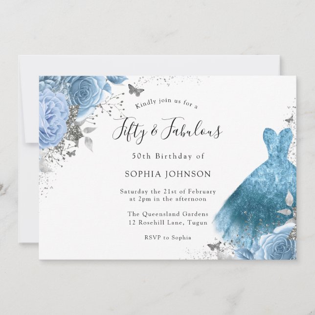 Blue Aqua Dress & Flowers 50th Birthday Party Invitation (Front)