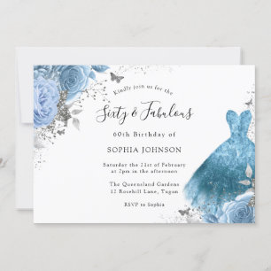 Blue Aqua Dress & Flowers 60th & Fabulous Birthday Invitation