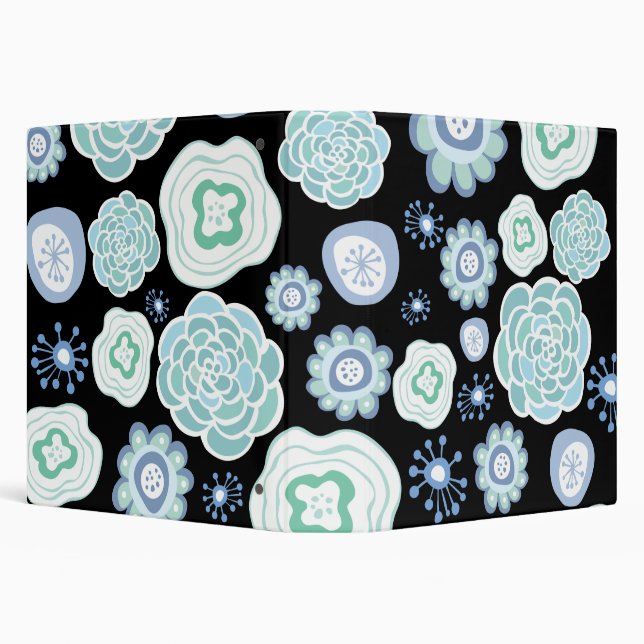 Blue Aqua Floral Pattern Designer Black Binder (Background)