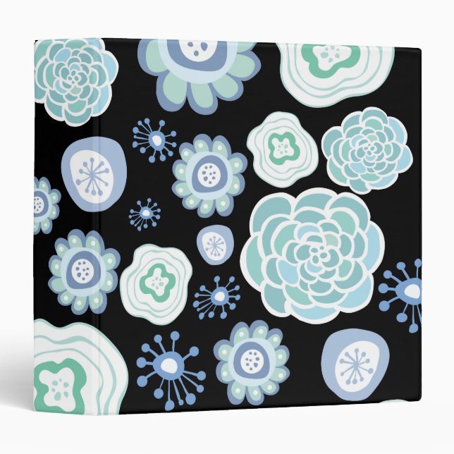 Blue Aqua Floral Pattern Designer Black Binder (Front/Spine)