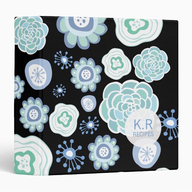 Blue Aqua Floral Pattern Designer Recipe Binder (Front/Spine)