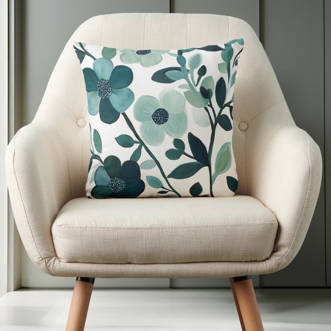 Blue Aqua Floral Vines on White Elegant Design Throw Pillow (Creator Uploaded)