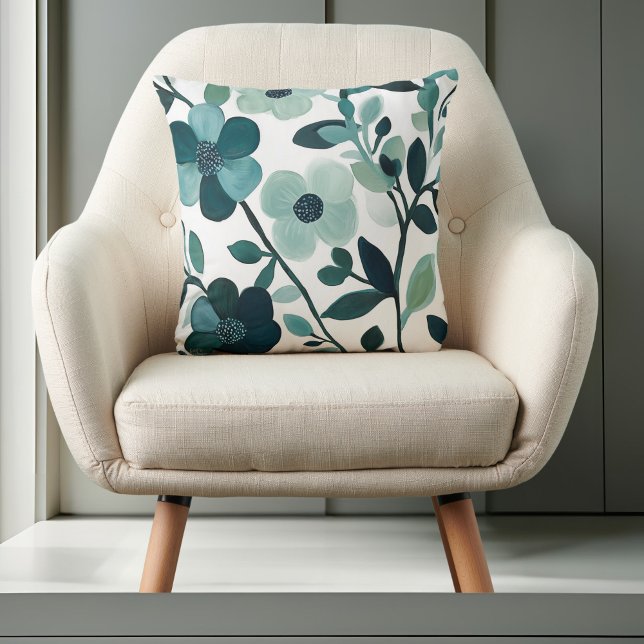Blue Aqua Floral Vines on White Elegant Design Throw Pillow (Creator Uploaded)