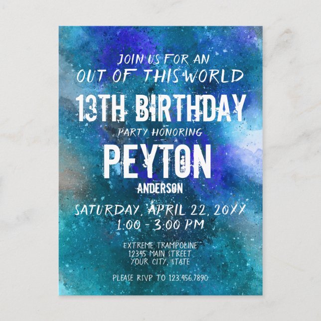 Blue Aqua Galaxy Watercolor Birthday Invite (Front)