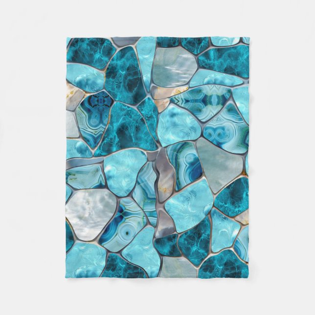 Blue aqua gemstone abstract cells fleece blanket (Front)