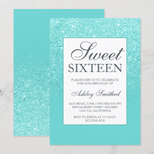 Blue aqua glitter elegant chic Sweet 16 Invitation