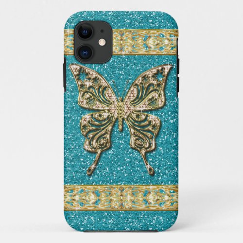 Blue Aqua Glitter Golden Butterfly iPhone 11 Case