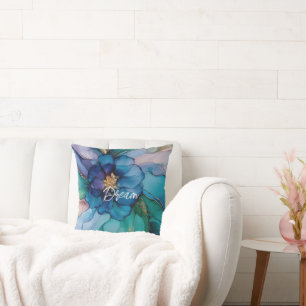 Blue Aqua Gold Floral Throw Pillow