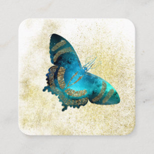 *~* Blue Aqua Gold Glitter Gilded Gold Butterfly  Square Business Card
