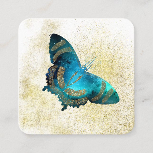 *~* Blue Aqua Gold Glitter Gilded Gold Butterfly  Square Business Card (Front)
