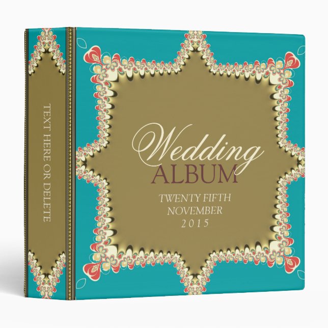 Blue Aqua & Gold Lace Wedding Album Binder (Front/Spine)